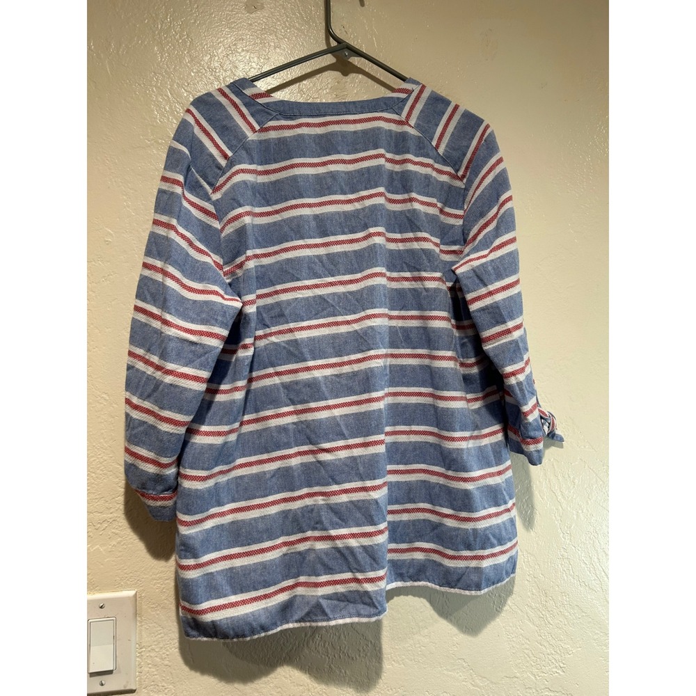 Anne Klein Womens XL Blue Red White Striped Button Front 3/4 Tie Sleeve Blouse - Picture 2 of 6